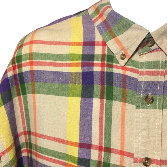 EDDIE BAUER Linen Blend Button Down Shirt Plaid Colorful Crisp Sz XXL Regular - Picture 3 of 13